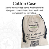 Cotton case with 'Blooming Healthy Studio' branding for neck wraps on a white background.