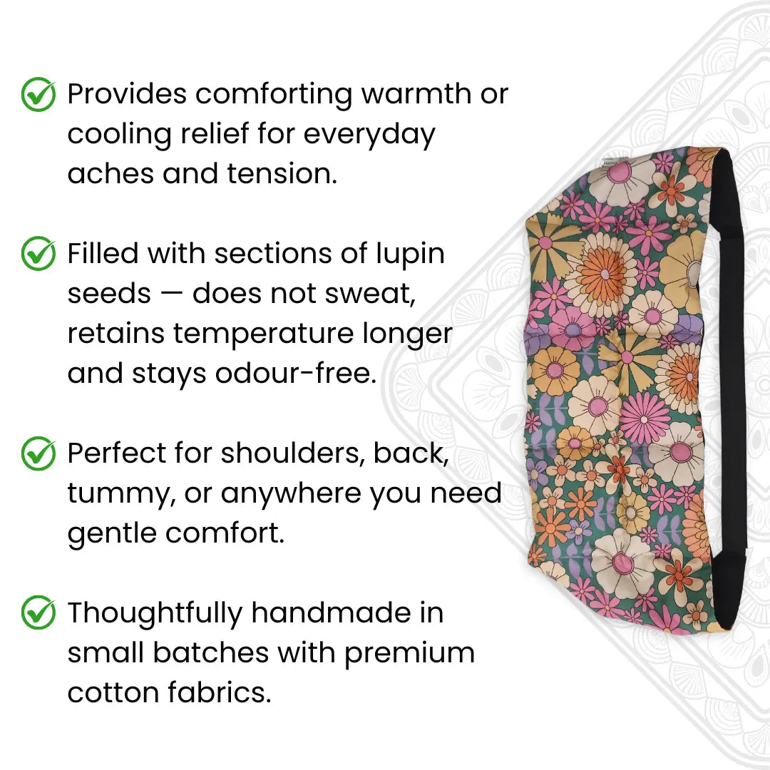 Retro Floral patterned wearable wrap with text about its benefits on a white background