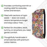 Retro Floral patterned wearable wrap with text about its benefits on a white background