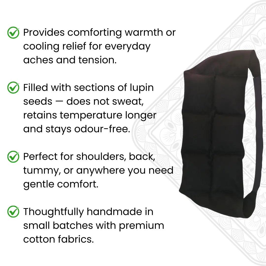 Black heating pad with text describing its benefits on a white background