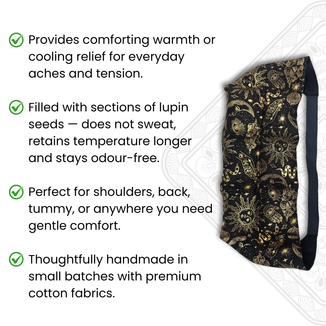 Product with black and gold pattern on a white background, featuring text about its benefits.