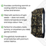 Product with black and gold pattern on a white background, featuring text about its benefits.