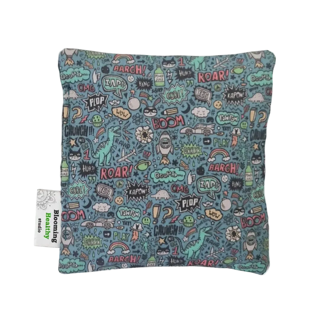 Handmade Kids Heat & Cold Pack featuring a comic print, filled with Australian-grown lupin seeds for natural relief from bumps, bruises and growing pains.