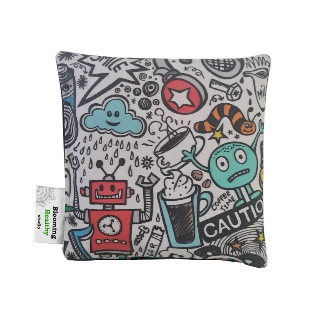 Handmade Kids Heat & Cold Pack featuring a crazy scribble print, filled with Australian-grown lupin seeds for natural relief from bumps, bruises and growing pains.