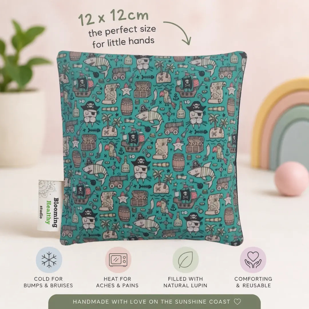 Handmade Kids Heat & Cold Pack with pirate fabric made from Australian lupin seeds.